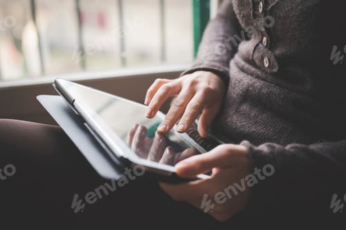 Preview: Young woman sitting by window, using digital tablet, focus on hands