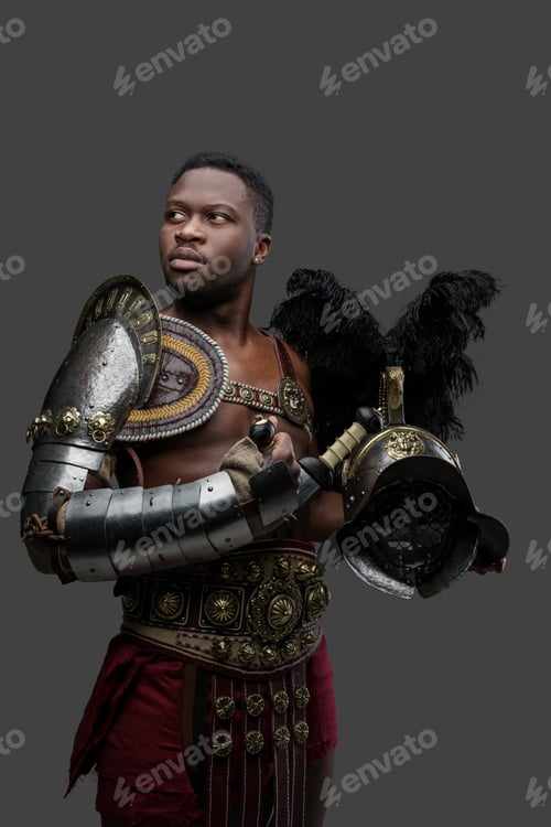 Preview: Handsome black gladiator with feathered helmet dressed in armor