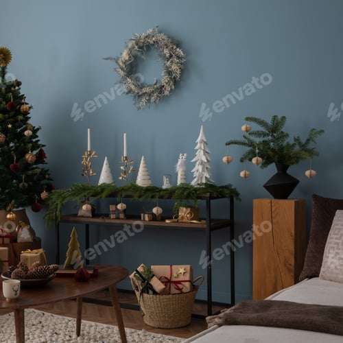 Preview: Christmas composition in the living room interior with beautiful decoration and elegant accessories