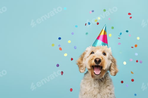 Preview: Happy cute dog celebrating at a birthday party