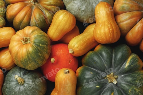 Preview: Many multicolor pumpkins, autumn seasonal decorative background