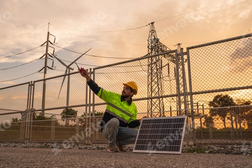 Preview: Engineer holding solar panels and inspection work.