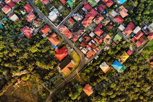 Preview: Aerial shot of the beautiful and bright buildings with colorful roofs in a sunny day in summer