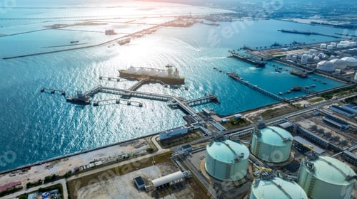 Preview: LNG (Liquified Natural Gas) tanker anchored in Gas terminal gas tanks for storage. Oil Crude