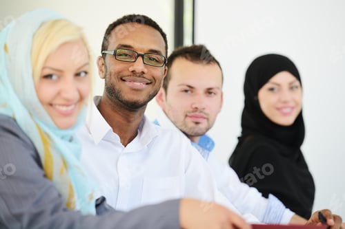 Preview: Arabic Business People Sitting In A Row At Office (Selective Focus)