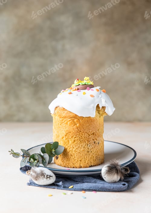 Preview: Easter composition with orthodox sweet breads or kulich decorated with white sugar icing