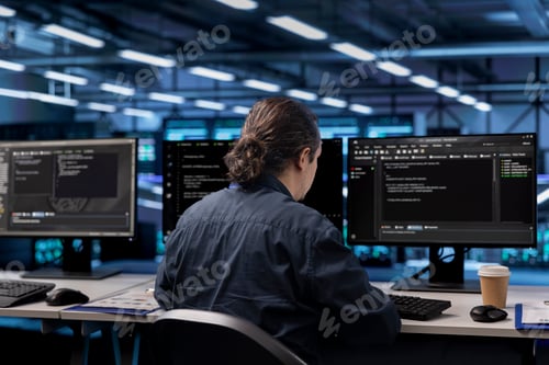 Preview: Worker at computer desk safeguarding data center against unauthorized access