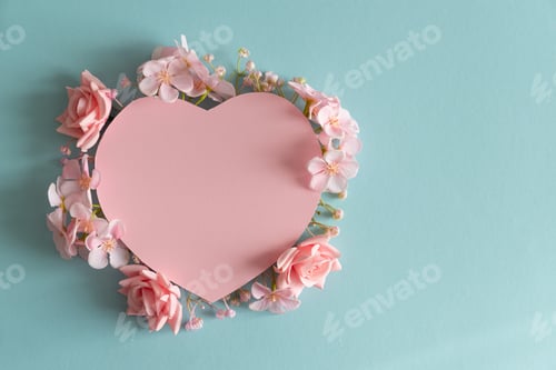 Preview: Pink Heart Cutout. Romantic Valentines Day Flatlay with Cherry Blossom and Roses on Blue Background