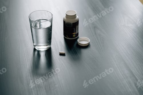 Preview: High-angle shot of many pills, a cup of water and a container on a wooden table