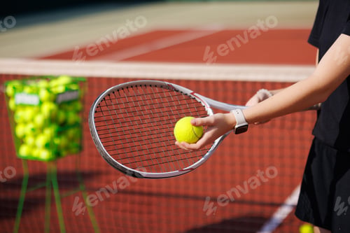 Preview: Portrait of a girl tennis player thinking and reasoning before hitting a tennis match