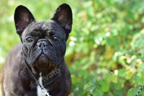 Preview: A black French Bulldog dog stands in a park on a autumn day