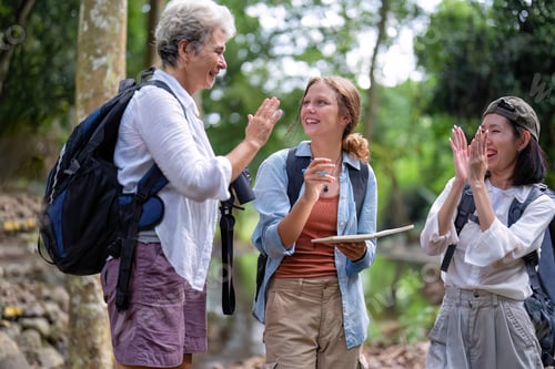 Preview: Backpack tourist travel outdoor adventure bird study using binoculars looking and record to book