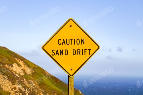 Preview: Sand drift sign on the Pacific Ocean Coast, California