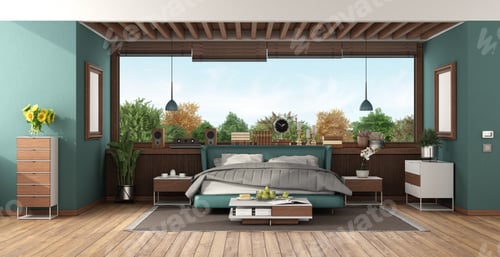 Vista previa: Suite de un dormitorio de lujo con cama doble verde y grandes ventanales
