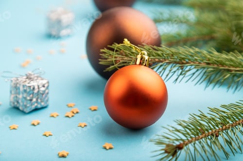 Preview: Christmas or New Year composition. Decorations, bronze balls, fir and spruce