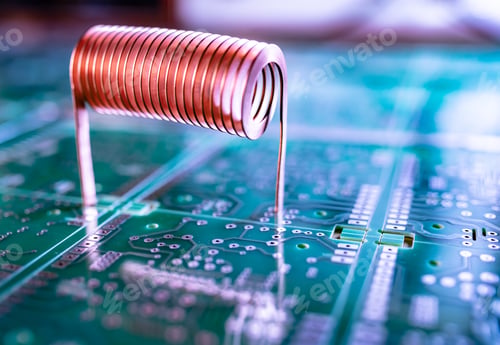 Preview: Copper wire stands on a green microcircuit
