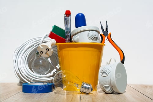 Preview: a set of an electrician in a yellow plastic pot and a wire spool