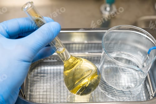 Preview: Scientist in blue rubber puts a yellow solution in the flask and beaker for dissolving or extraction