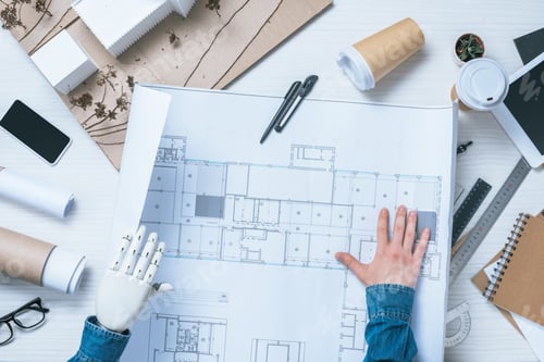 Preview: partial view of male architect with prosthetic arm looking at blueprint
