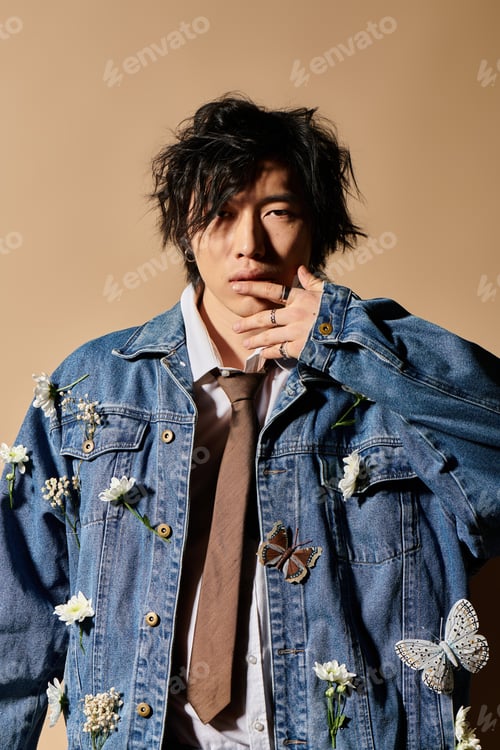 Preview: Stylish spring fashion featuring an asian man in a studio with floral accents
