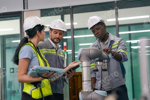Preview: Robotic Arm engineer check on equipment in its with software of Artificial Intelligence Unit.