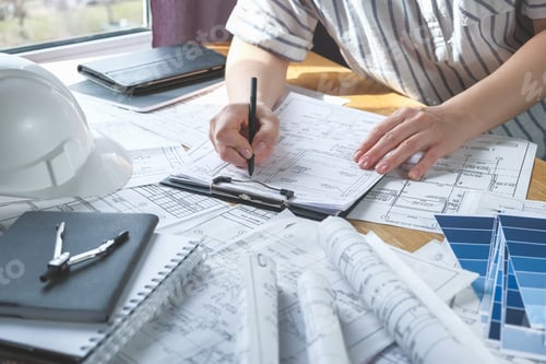 Preview: Architects concept, engineer architect designer freelance work on start-up project drawing