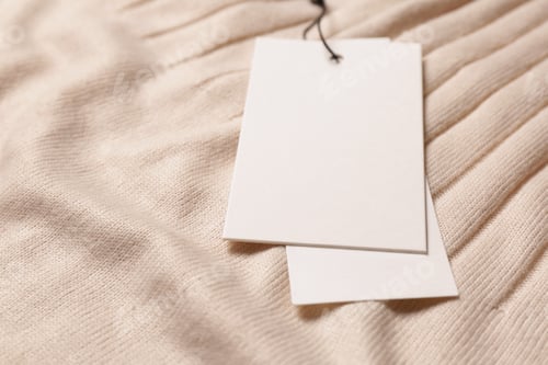 Preview: Blank white tags on beige sweater, closeup. Space for text