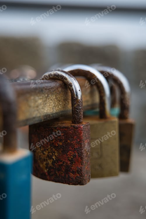Preview: three rusted padlocks