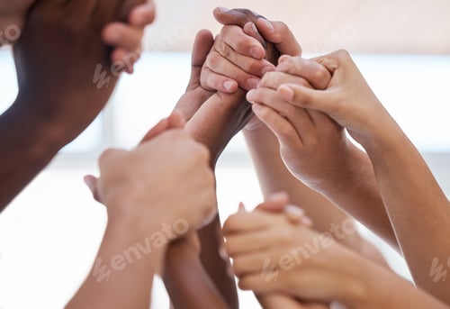Preview: Worship, hand and people praying for peace, love and trust in God against blurred background. Churc