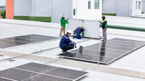 Preview: Aerial view of a rooftop with solar panels, showing a technician in safety performing maintenance.