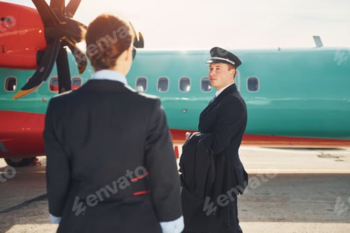 Preview: Pilot and stewardess. Crew of airport and plane workers in formal clothes standing outdoors together