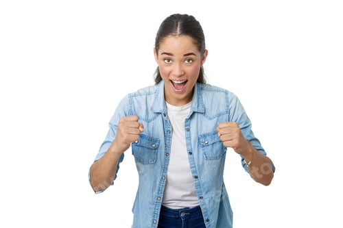 Preview: woman with clenched fists celebrating with a scream isolated on a white background