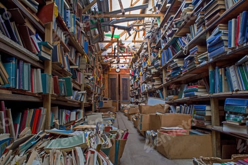 Preview: An old abandoned library. Book background. Books on the bookshelf. Knowledge in paper form