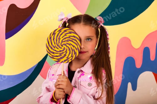 Preview: Colorful Model Pose Featuring a Young Girl With a Lollipop in a Vibrant Setting