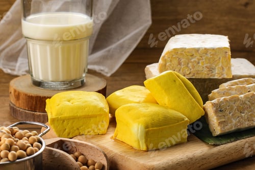 Preview: Soy Product: Raw Tofu, Tempeh, Soy Milk, Soy Sauce, and Soy Bean. Concept of Healthy Vegetarian Food