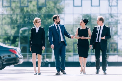 Preview: multiethnic group of professional middle aged businesspeople walking together and talking on street