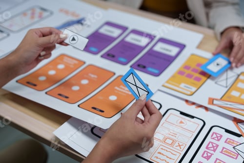 Preview: Web designers collaborating on a new mobile application project, selecting icons and enhancing user