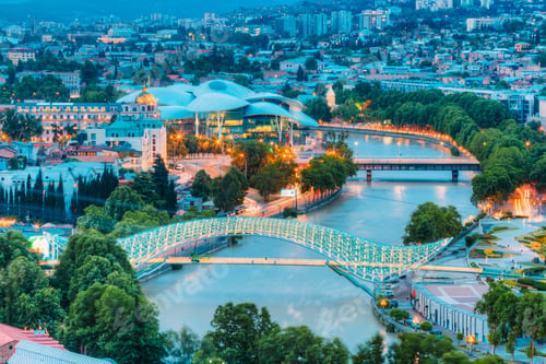Preview: Top Illuminated Cityspape View Of Kura River Under Bridges And