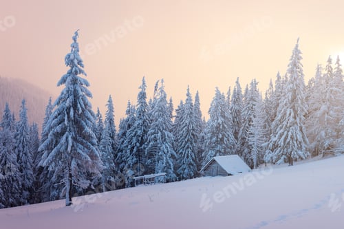 Preview: Winter landscape with wooden house in the mountains