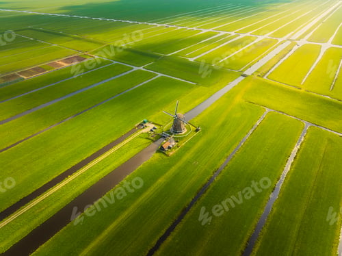 Preview: Aerial view of the windmill. Landscape from a drone in the Netherlands.