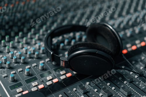 Preview: Headphones on a mixing desk in an audio recording studio podcast audio recording items studio