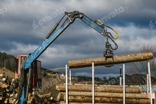 Preview: Crane loading wood into wood truck and the wood grapple holding a log in the air
