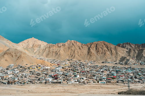 Preview: Panoramic view of Leh city in Ladakh, India, nestled in Himalayan mountains, dramatic brown ridges