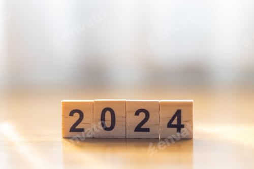Preview: New Year 2024 on wood block. Start planning and goal
