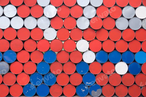 Preview: The Textured Abstract Background From The Round Bottoms Of Old Iron Barrels Of Red Blue White Color
