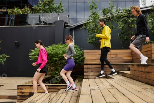 Preview: Energetic young athletes exercising on outdoor wooden steps in a vibrant urban setting