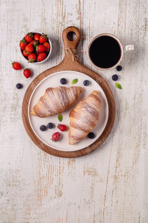 Preview: Breakfast with croissants and fresh fruits.