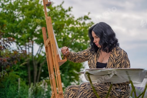 Preview: young pretty girl artist sits on a chair in the street and with a brush paints a picture on canvas