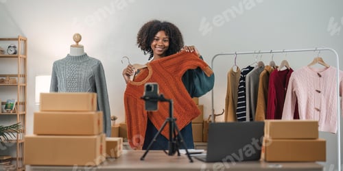 Preview: vlogger, blogger small SME business asian beautiful woman using mobile phone live streaming for