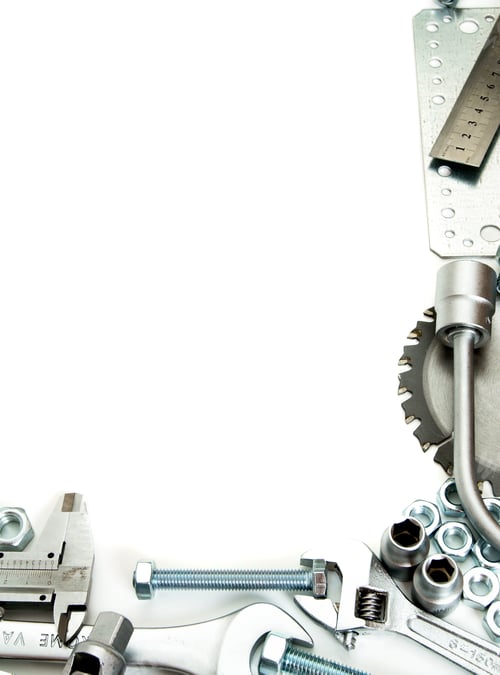 Preview: Metalwork. Ruler, wrench, screw and others tools on white background.